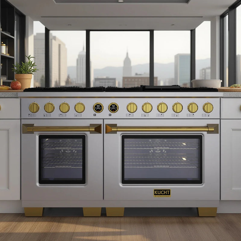 Kucht Horus 60" 7.9 cu ft. Propane Gas Dual Fuel Range in Stainless Steel with Gold Knobs, KXP60-GL/LP