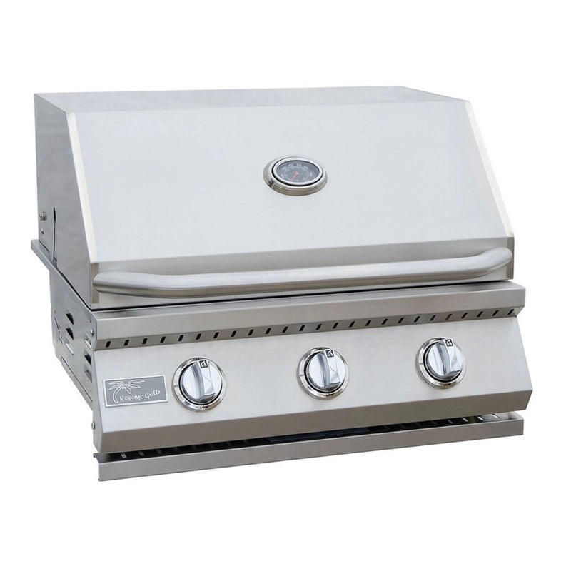 Kokomo Grills 26” Built in Gas Grill with 3 stainless steel burners, temperature gauge, and SureLight ignition system in sleek steel finish.