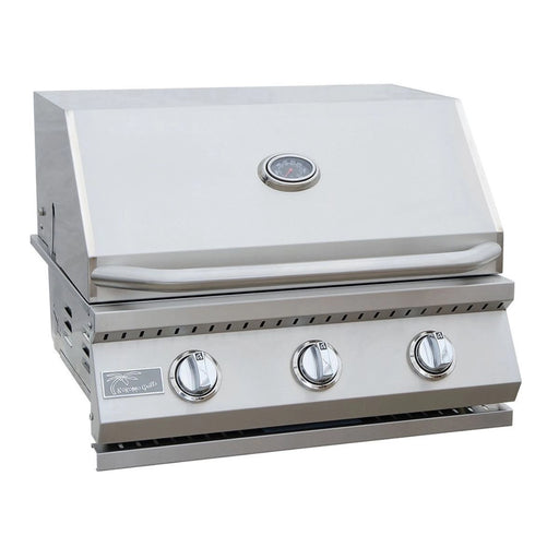 Kokomo Grills 26” Built in Gas Grill with 3 stainless steel burners, temperature gauge, and SureLight ignition system in sleek steel finish.