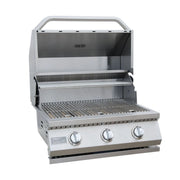 Kokomo Grills 26” Built-in Gas Grill with 3 stainless steel burners, ceramic sear system, and warming rack in polished steel.