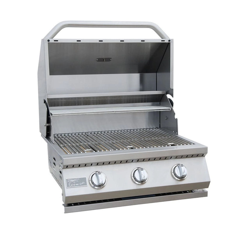 Kokomo Grills 26” Built-in Gas Grill with 3 stainless steel burners, ceramic sear system, and warming rack in polished steel.