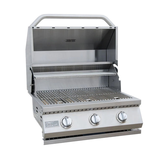 Kokomo Grills 26” Built-in Gas Grill with 3 stainless steel burners, ceramic sear system, and warming rack in polished steel.