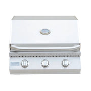 Kokomo Grills 26” Built-In Gas Grill with 3 stainless steel burners, temperature gauge, and SureLight ignition system in polished steel.