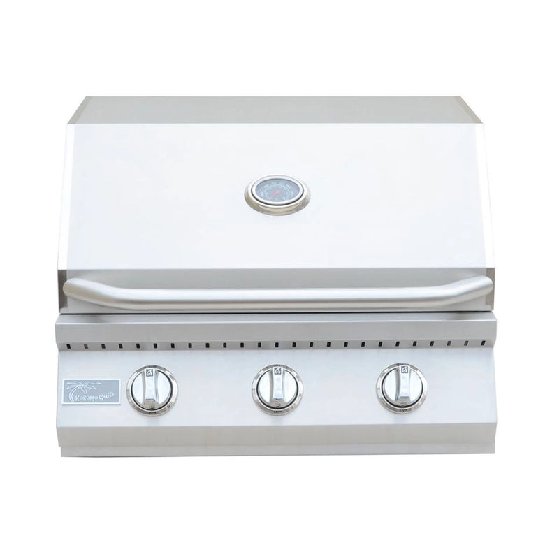 Kokomo Grills 26” Built-In Gas Grill with 3 stainless steel burners, temperature gauge, and SureLight ignition system in polished steel.