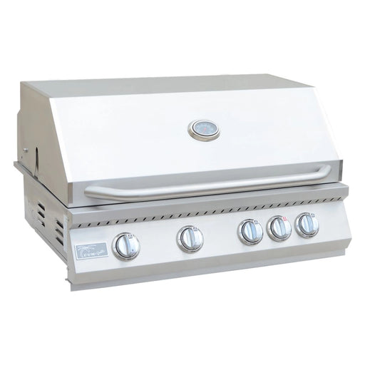 Kokomo Grills 32” Built-in Gas Grill with 4 stainless steel burners, temperature gauge, and polished handle in 304 stainless steel.