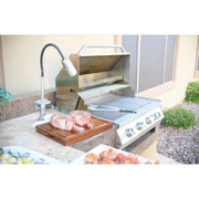 Kokomo Grills 32” Built in Gas Grill with 4 stainless steel burners, back burner, warming rack, and temperature gauge in outdoor kitchen setting.