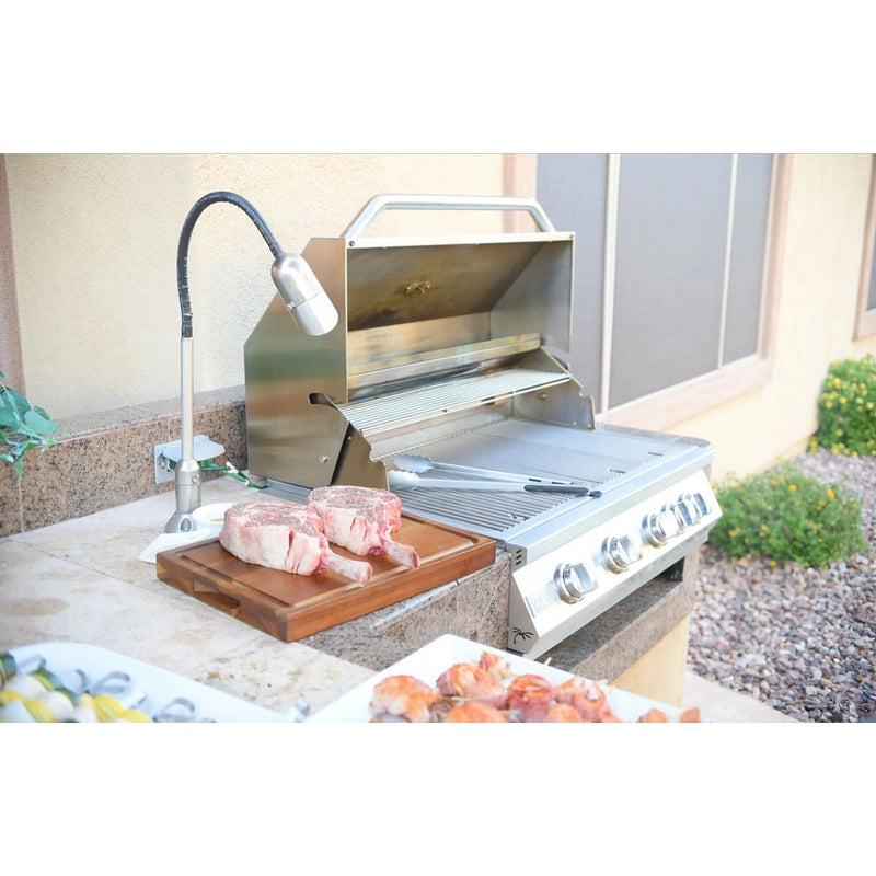 Kokomo Grills 32” Built in Gas Grill with 4 stainless steel burners, back burner, warming rack, and temperature gauge in outdoor kitchen setting.