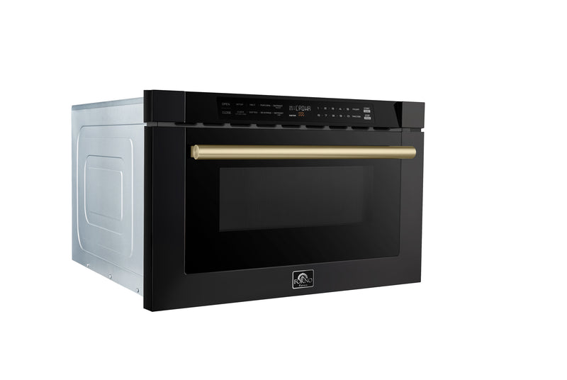 Forno Capoliveri 24" 1.2 cu. ft. Built-In Microwave Drawer in Black, 1000 Watt, with Antique Brass Handles, FMWDR3000-24BLK