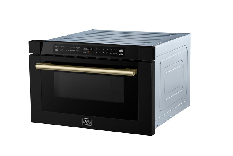 Forno Capoliveri 24" 1.2 cu. ft. Built-In Microwave Drawer in Black, 1000 Watt, with Antique Brass Handles, FMWDR3000-24BLK