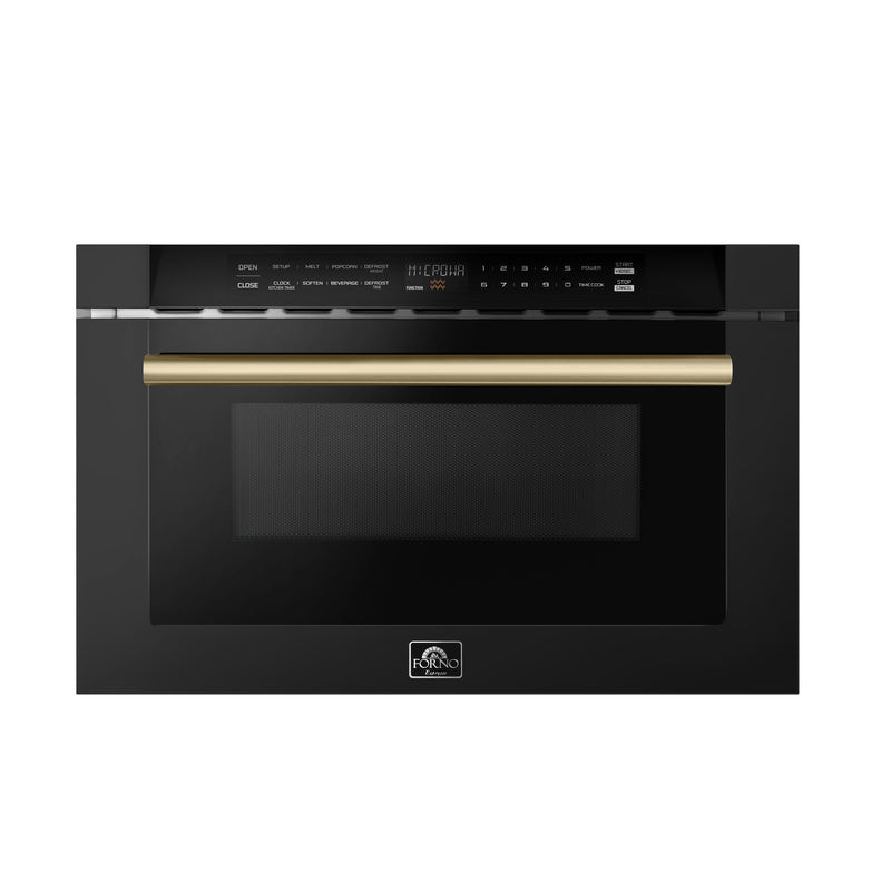 Forno Capoliveri 24" 1.2 cu. ft. Built-In Microwave Drawer in Black, 1000 Watt, with Antique Brass Handles, FMWDR3000-24BLK