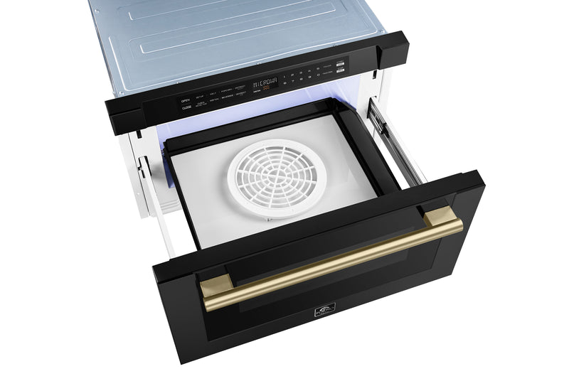 Forno Capoliveri 24" 1.2 cu. ft. Built-In Microwave Drawer in Black, 1000 Watt, with Antique Brass Handles, FMWDR3000-24BLK