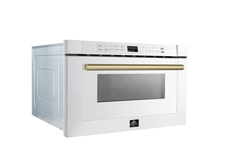 Forno Espresso Capoliveri 24" 1.2 cu. ft. Built-In Microwave Drawer in White, 1000 Watt, with Antique Brass Handles, FMWDR3000-24WHT