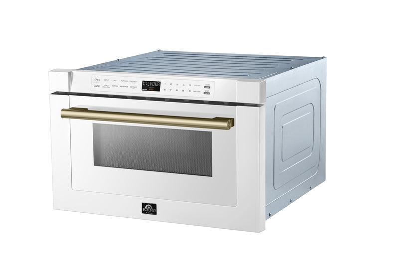 Forno Espresso Capoliveri 24" 1.2 cu. ft. Built-In Microwave Drawer in White, 1000 Watt, with Antique Brass Handles, FMWDR3000-24WHT