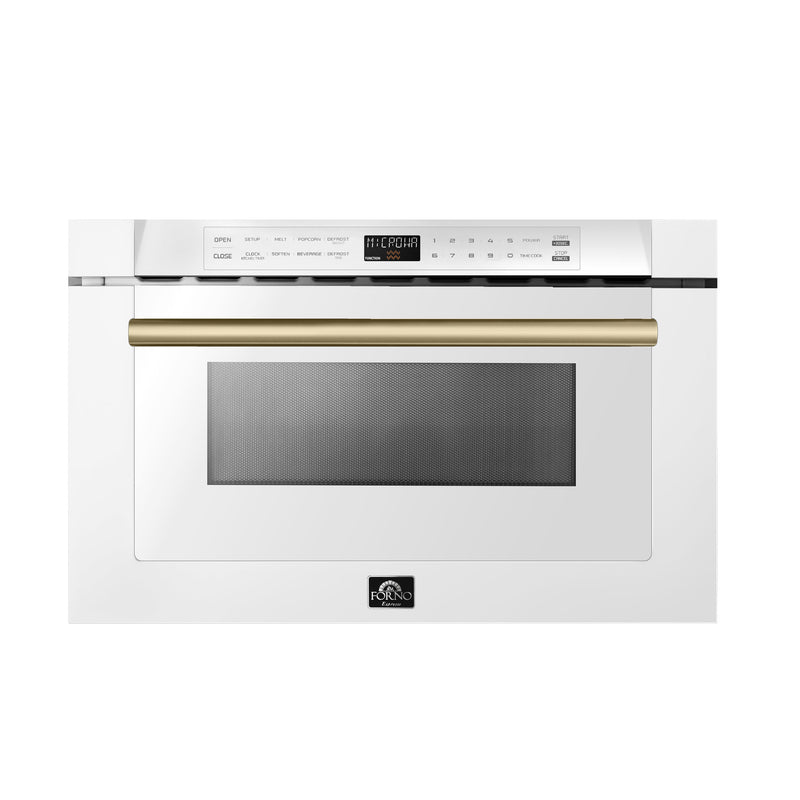Forno Espresso Capoliveri 24" 1.2 cu. ft. Built-In Microwave Drawer in White, 1000 Watt, with Antique Brass Handles, FMWDR3000-24WHT