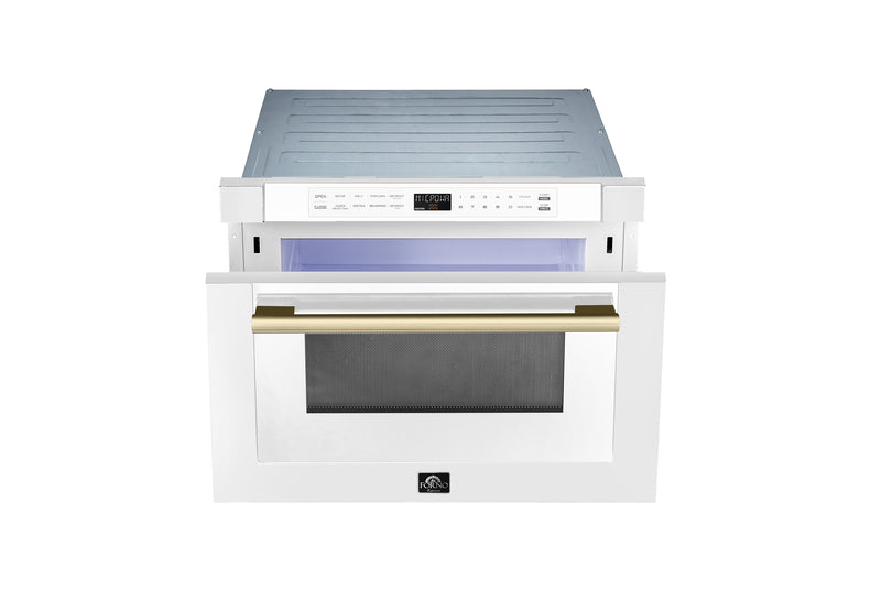 Forno Espresso Capoliveri 24" 1.2 cu. ft. Built-In Microwave Drawer in White, 1000 Watt, with Antique Brass Handles, FMWDR3000-24WHT