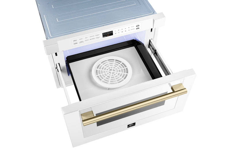 Forno Espresso Capoliveri 24" 1.2 cu. ft. Built-In Microwave Drawer in White, 1000 Watt, with Antique Brass Handles, FMWDR3000-24WHT