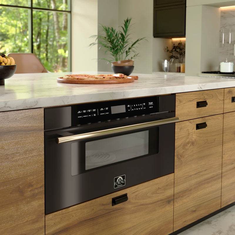 Forno Espresso Capoliveri 30" 1.2 cu. ft. Built-In Microwave Drawer in Black with Antique Brass Handles, FMWDR3000-30BLK