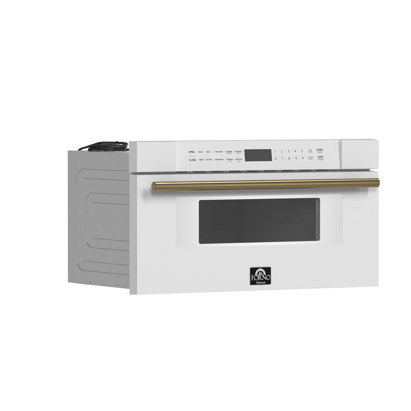 Forno Espresso Capoliveri 30" 1.2 cu. ft. Built-In Microwave Drawer in White, 1000 Watts, with Antique Brass Handles, FMWDR3000-30WHT