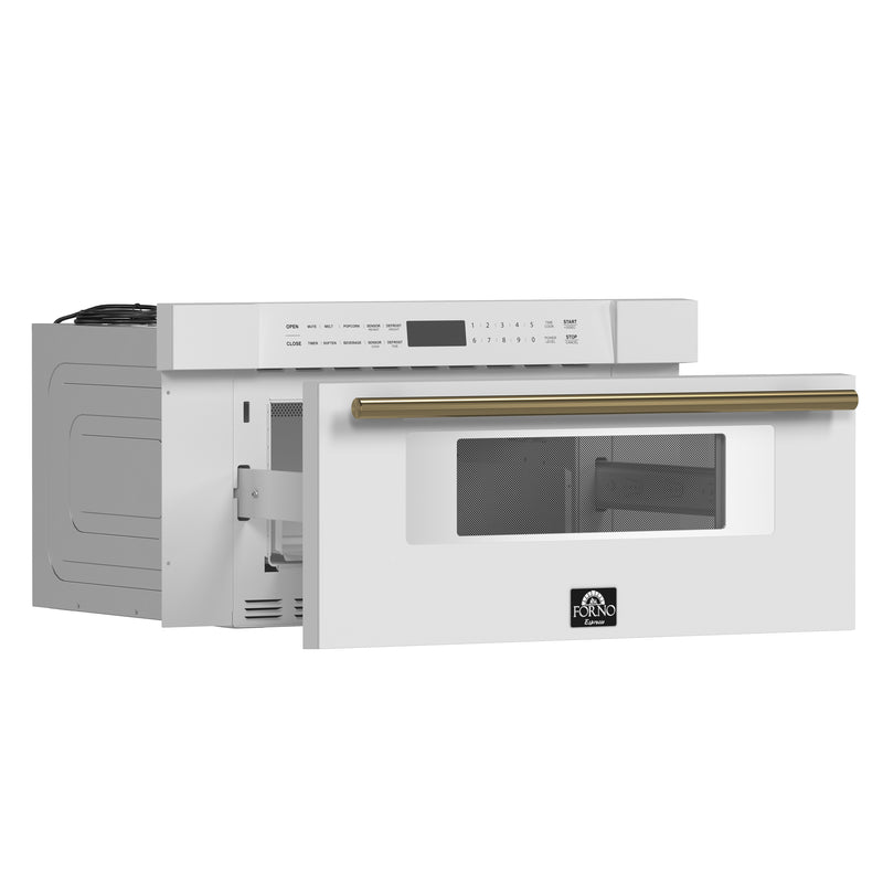 Forno Espresso Capoliveri 30" 1.2 cu. ft. Built-In Microwave Drawer in White, 1000 Watts, with Antique Brass Handles, FMWDR3000-30WHT