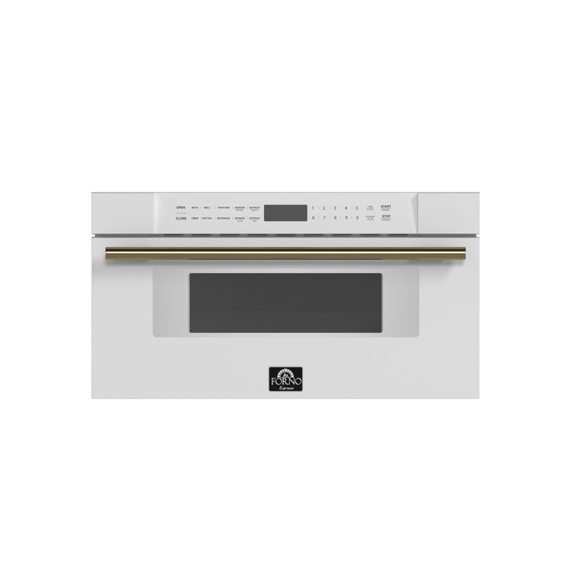 Forno Espresso Capoliveri 30" 1.2 cu. ft. Built-In Microwave Drawer in White, 1000 Watts, with Antique Brass Handles, FMWDR3000-30WHT