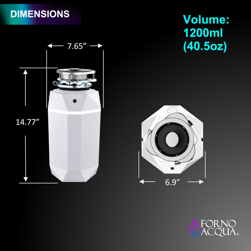 Forno ACQUA BrightDIAMOND Moonstone 1HP Garbage Disposal with Motion Sensor LED Light, Pre-Wired Air Switch, Stainless Steel Blades, WDD100TA2MS