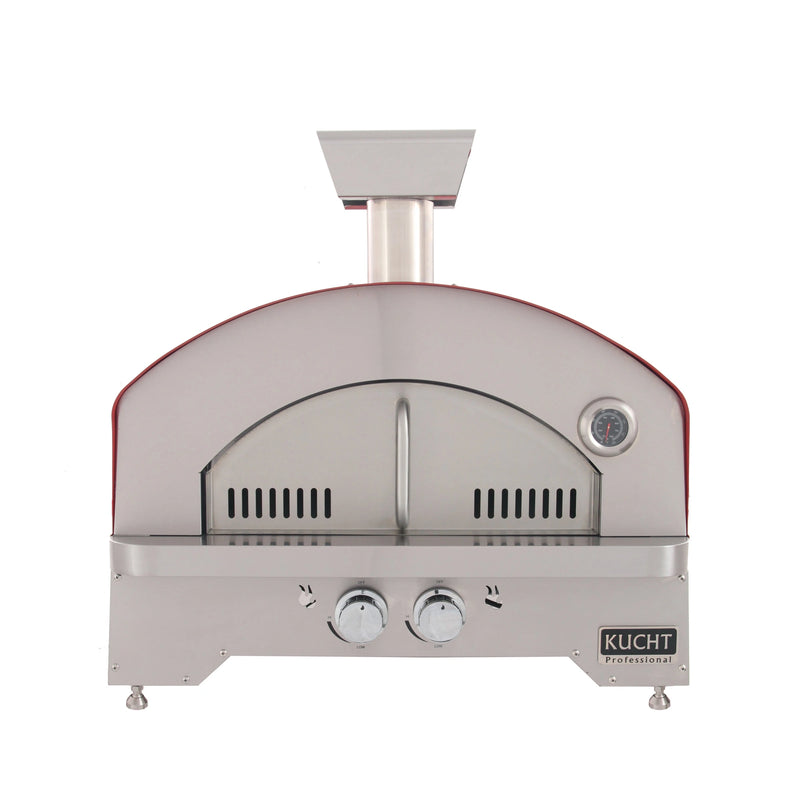 Kucht Napoli Countertop & Gas Powered Outdoor Oven in red stainless steel with adjustable chimney, temperature gauge, and control knobs.