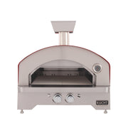 Kucht Napoli Countertop & Gas Powered Outdoor Oven in red stainless steel with chimney, temperature gauge, and control knobs.
