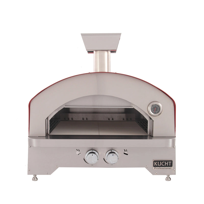 Kucht Napoli Countertop & Gas Powered Outdoor Oven in red stainless steel with chimney, temperature gauge, and control knobs.