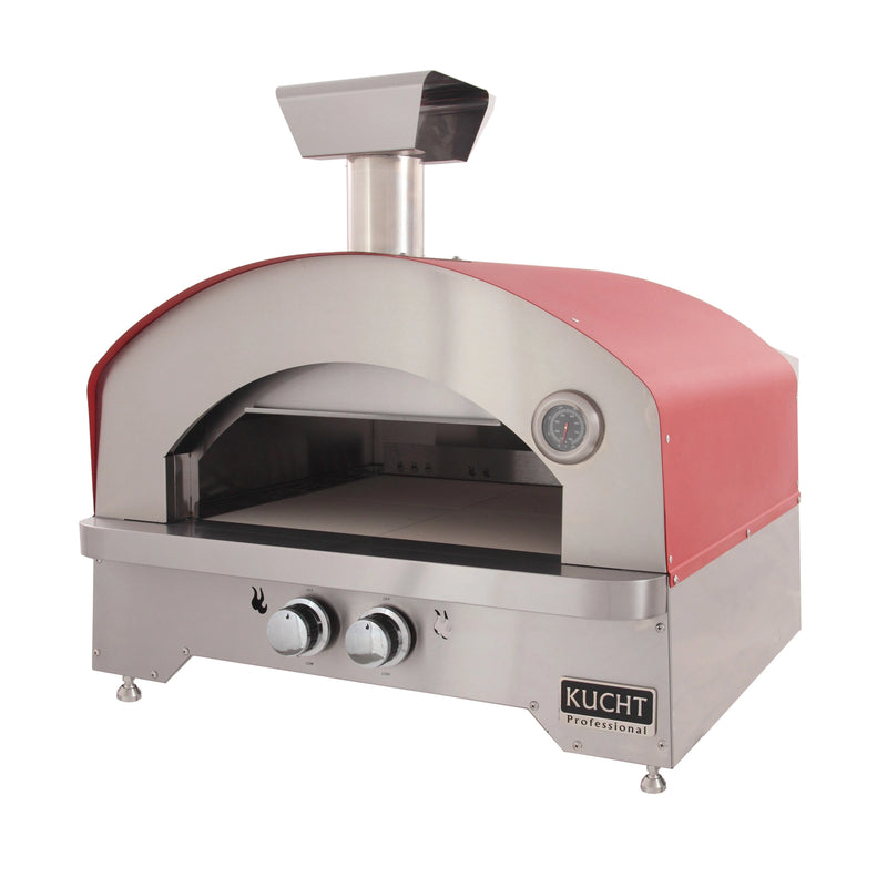 Kucht Napoli Countertop & Gas Powered Outdoor Oven in red stainless steel with adjustable chimney, temperature gauge, and control knobs