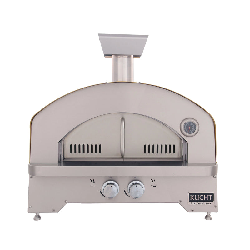 Kucht Napoli Countertop & Gas Powered Outdoor Oven in stainless steel with chimney, two control knobs, and built-in temperature gauge.