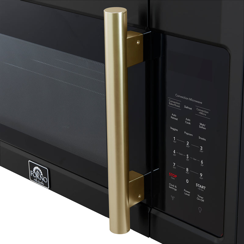 Forno Fornace 30" 1.5 cu. ft. 300 CFM Over the Range Convection Microwave in Black, LED Lighting, with Antique Brass Handles, FOTR3038-30BLK