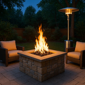 Fire pit with chairs and patio heater on a patio at night
