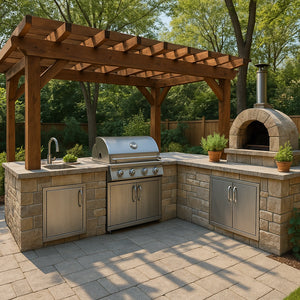 Outdoor kitchen with grill, sink, and stone cabinets under a wooden pergola.