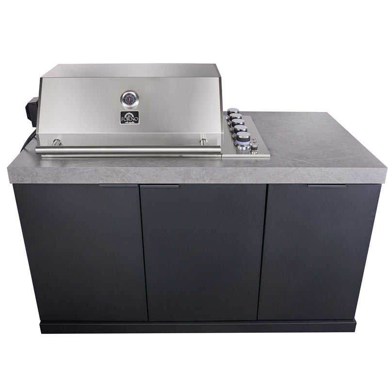Forno Rimini 30" Outdoor Kitchen with 62,600 BTU BBQ, 3 Burners with Sear & Rotisserie, 2.4 cu.ft. Beverage Center, Stainless Steel Sink, Black Cabinets & Gray Sintered Stone Countertops, FODKT2544BLK