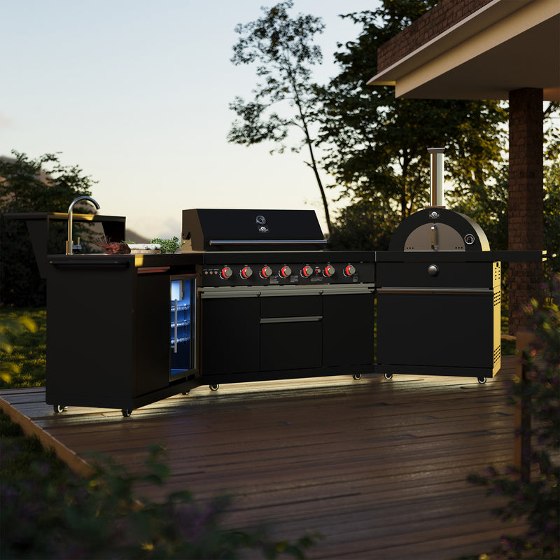Forno All'Aperto Outdoor Kitchen Island with 87,600 BTU Gas Grill, 18" Pizza Oven, Bar & Beverage Center, FODKT2551BLK
