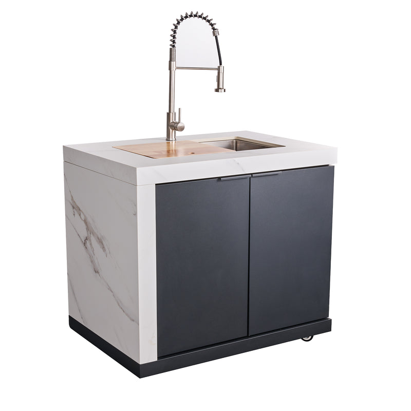 Forno Rimini 30" Outdoor Kitchen with 62,600 BTU BBQ, 3 Burners with Sear & Rotisserie, 4.8 cu.ft. Beverage Center, Stainless Steel Double Sink in Black and White, Sintered Stone Countertop, Fully Assembled, FODKT2575WHT