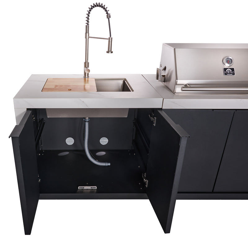 Forno Rimini 30" Outdoor Kitchen with 62,600 BTU BBQ, 3 Burners with Sear & Rotisserie, 4.8 cu.ft. Beverage Center, Stainless Steel Double Sink in Black and White, Sintered Stone Countertop, Fully Assembled, FODKT2575WHT