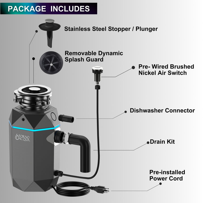 Forno ACQUA 1HP Garbage Disposal with Motion Sensor LED Light, Air Switch, 4-Stage Grinding, WDD100TA1BO