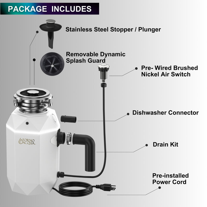 Forno ACQUA BrightDIAMOND Moonstone 3/4HP Garbage Disposal with Motion Sensor LED Light, Pre-Wired Air Switch, Stainless Steel Chamber, WDD075TA2MS