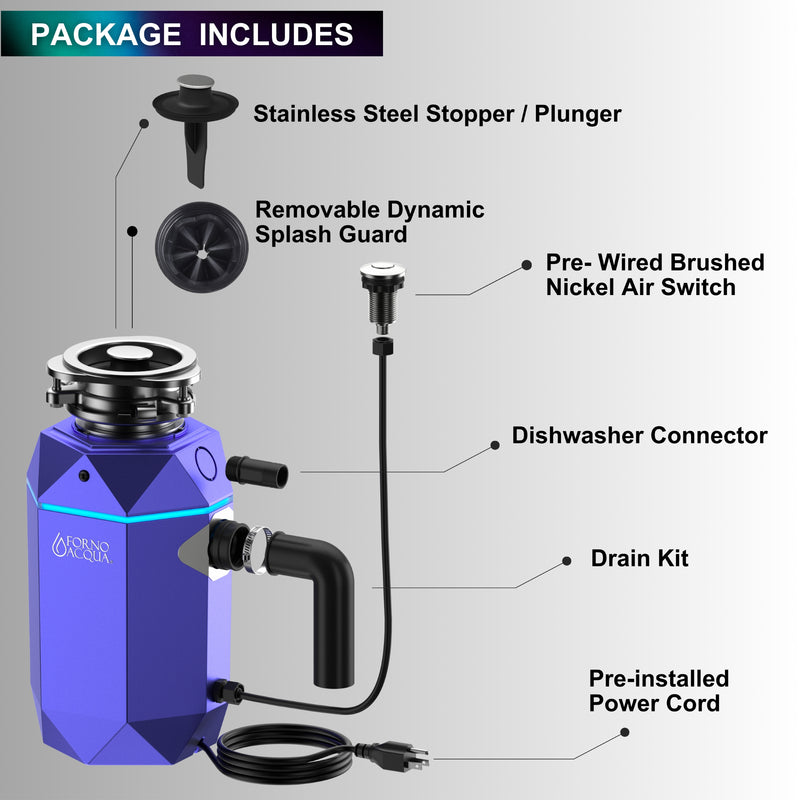 Forno ACQUA BrightDIAMOND Amethyst 3/4HP Garbage Disposal with Motion Sensor LED Light, Air Switch, Stainless Steel Grinding, WDD075TA1AM