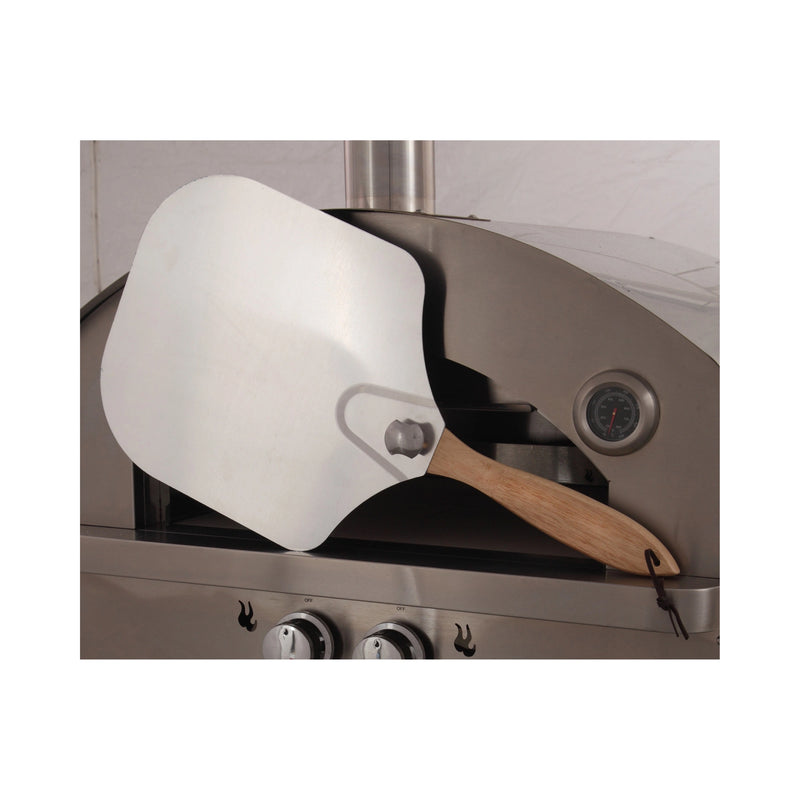 Kucht Napoli Countertop & Gas Powered Outdoor Oven in red stainless steel with built-in temperature gauge and control knobs.