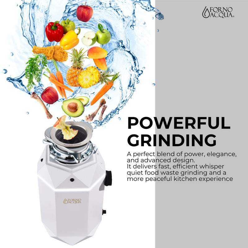 Forno ACQUA BrightDIAMOND Moonstone 1HP Garbage Disposal with Motion Sensor LED Light, Pre-Wired Air Switch, Stainless Steel Blades, WDD100TA2MS