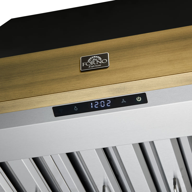 Forno Vittorio 36" 600 CFM Wall Mount Range Hood in Black, Baffle Filters, with Antique Brass Handles, FRHWM5078-36BLK