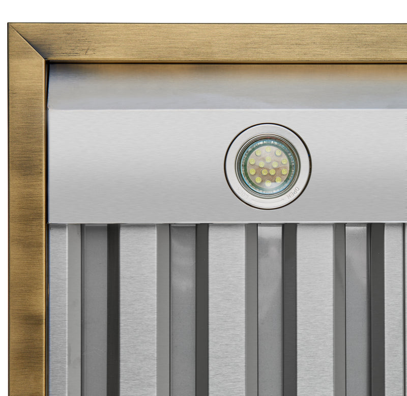 Forno Vittorio 36" 600 CFM Wall Mount Range Hood in Black, Baffle Filters, with Antique Brass Handles, FRHWM5078-36BLK