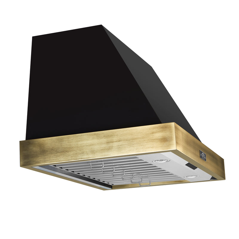 Forno Vittorio 36" 600 CFM Wall Mount Range Hood in Black, Baffle Filters, with Antique Brass Handles, FRHWM5078-36BLK