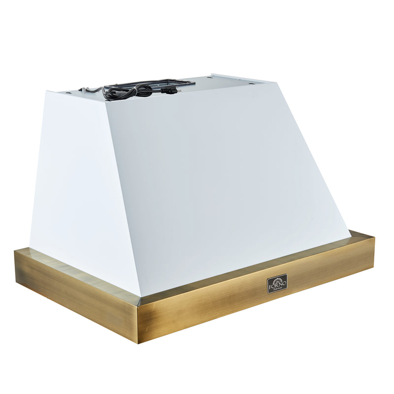 Forno Vittorio 36" 600 CFM Wall Mount Range Hood in White, Baffle Filters, with Antique Brass Handles, FRHWM5078-36WHT