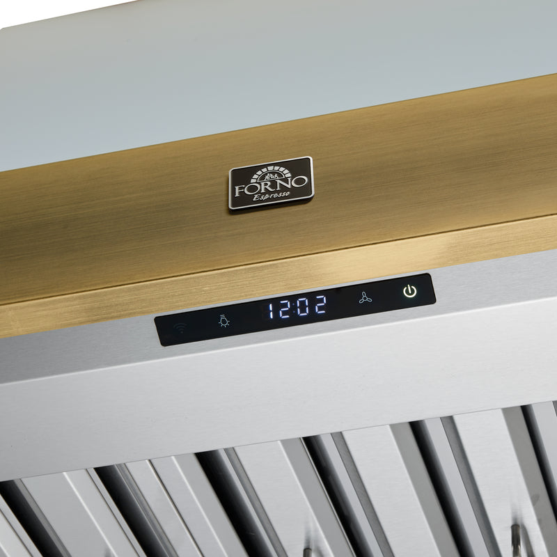 Forno Vittorio 36" 600 CFM Wall Mount Range Hood in White, Baffle Filters, with Antique Brass Handles, FRHWM5078-36WHT