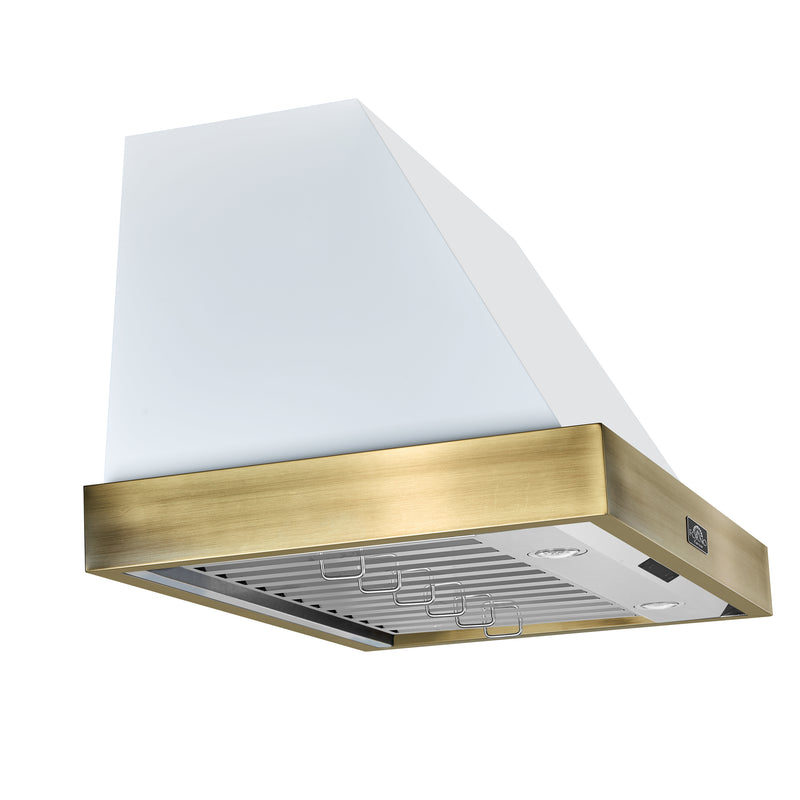 Forno Vittorio 36" 600 CFM Wall Mount Range Hood in White, Baffle Filters, with Antique Brass Handles, FRHWM5078-36WHT