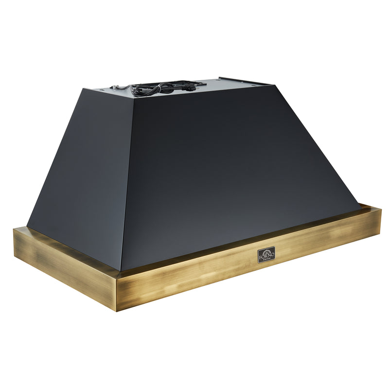 Forno Vittorio 48" 600 CFM Wall Mount Range Hood in Black, Baffle Filters, with Antique Brass Handles, FRHWM5078-48BLK