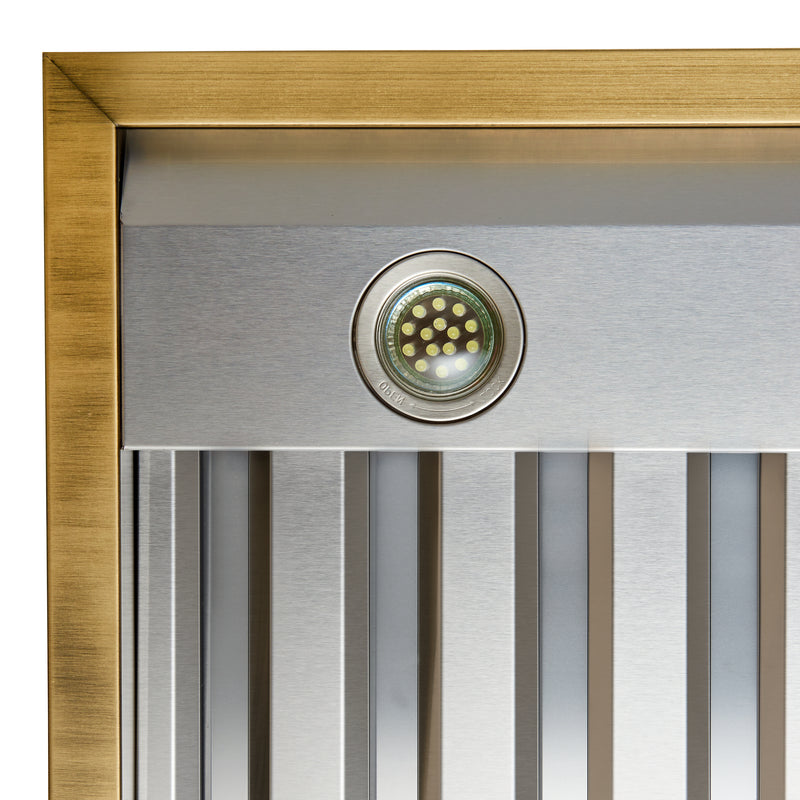 Forno Vittorio 48" 600 CFM Wall Mount Range Hood in Black, Baffle Filters, with Antique Brass Handles, FRHWM5078-48BLK